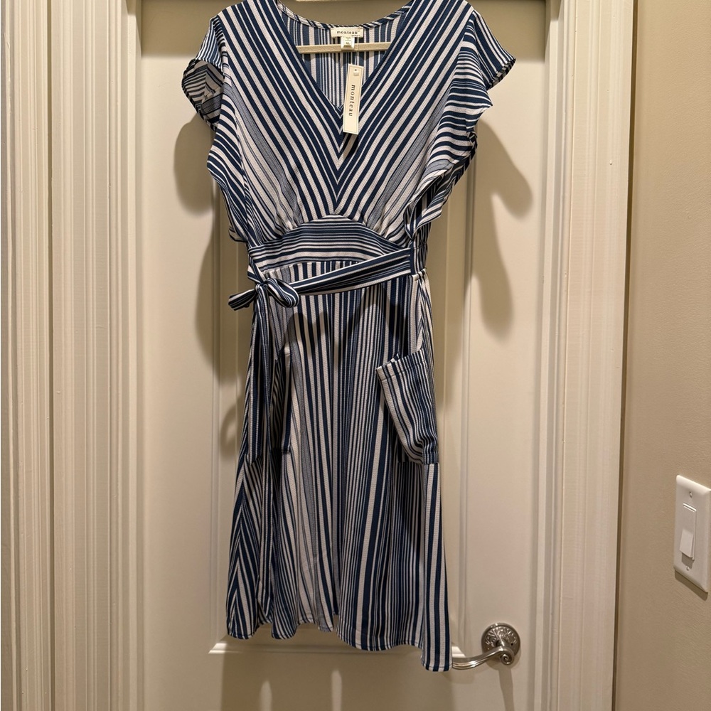 NWT-Monteau Navy and White Striped Midi Dress